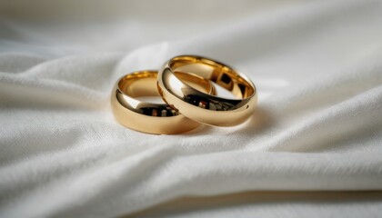  a close up of two gold wedding rings on a white bed sheet with a white blanket in the background and a close up of two gold wedding rings on a white bed sheet.