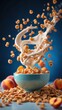 Vibrant, dynamic image of the exact moment milk and cereal spill into a bowl filled with crunchy cereal and fresh fruits. The blue background highlights the bright colors of the ingredients