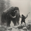 Neanderthal or stone age man confronting mammoth in snowy forest
