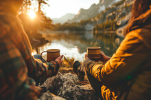 Couple Out Camping In The Mountains Enjoying Their Morning Coffee By A Mountain Lake At Sunrise. Shallow Field Of View.
