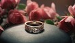  a couple of wedding rings sitting on top of a table next to a bunch of pink flowers on a black surface with a bouquet of pink roses in the background.