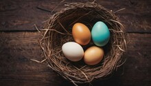 Three Eggs In A Bird's Nest On Top Of A Wooden Table, One Blue And One Brown, On Top Of A Dark Wood Table, With A Brown Background.