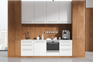 Wooden office kitchen interior with cooking shelves, kitchenware and window