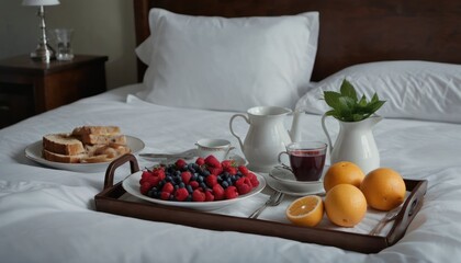 Canvas Print -  a tray of food on a bed next to a cup of coffee and a plate of oranges and raspberries on a tray with a glass of wine.