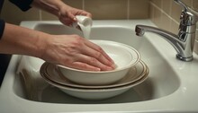  A Close Up Of A Person Washing A Bowl In A Sink With A Soap Dispenser On The Side Of The Bowl And A Person's Hand.