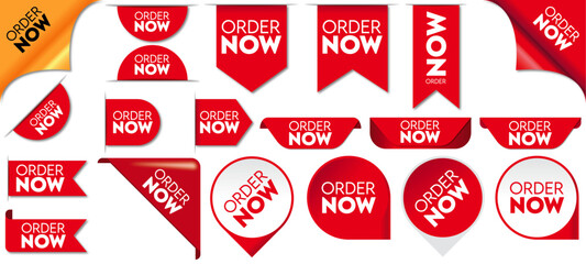 Wall Mural - Order now red ribbons bookmark or banner corner vector illustration. Online shopping web banners, tags, flags and curved ribbon collection.