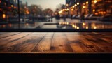 Fototapeta Londyn - Empty wooden table in front of blurred street bar