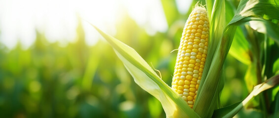 Close-up of ripe golden corn cobs in corn plantation field. Agriculture background. Generative AI