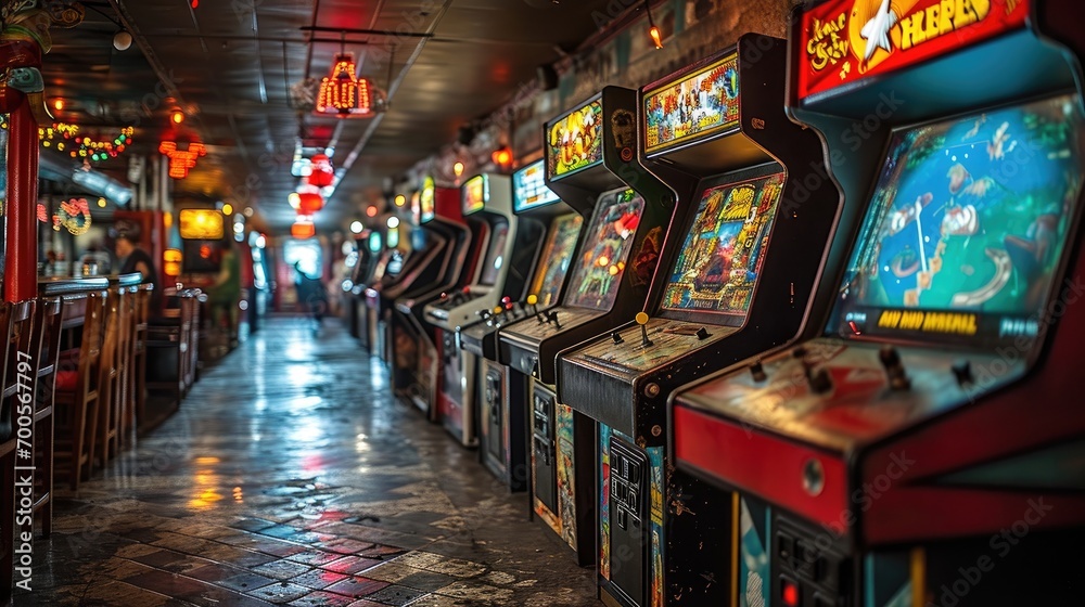 Vintage arcade hall with row of classic arcade machines and colorful ...