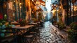 Charming evening view of a cozy street with cafes and lanterns, inviting for a night out in the city.