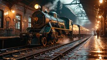 A Vintage Steam Locomotive At A Railway Station At Night, Emitting Smoke And Ready For A Nostalgic Journey.