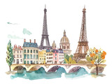 Fototapeta Paryż - watercolor texture decorative stickers eiffel tower city