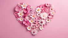 Valentine's Day Background. White And Pink Flowers, Hearts On Pastel Pink Background. Valentines Day Concept. Flat Lay, Top View, Copy Space