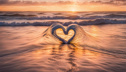 Wall Mural - beautiful heart wave at sunset in the ocean with copy space