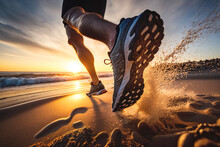 Anonymous Runner Person In Sneakers Running On Sandy Beach Near Waving Sea In Evening With Sun Setting On Cloudy Blue Sky. Close Up View. Generative AI.