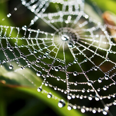 Wall Mural - Close-up of a dew-covered spider web.