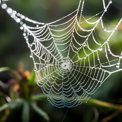 Sticker - Close-up of a dew-covered spider web.