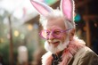 Happy senior man with bunny ears celebrates Easter with colorful face paint and festive costume.