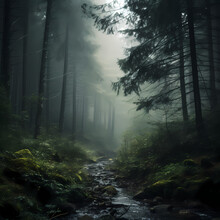 A Foggy Forest With Trees Shrouded In Mist.
