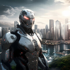 Canvas Print - A futuristic robot with a city skyline in the background.