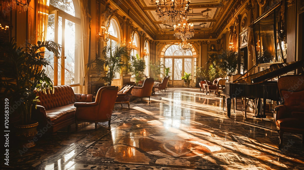 Elegant and luxurious hotel lobby with grand piano, sophisticated ...