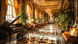 Elegant luxury hotel lobby with grand piano, sophisticated decor, and opulent architecture.