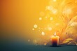 Burning candle with floral ornament on yellow background. Copy space. Abstract background for February 15: Candlemas 