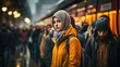A thoughtful young woman in a yellow coat and hood waits at a crowded urban train station on a cold winter day.