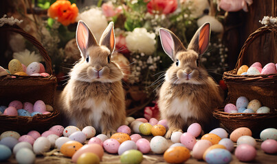 Two bunnies are guarding Easter eggs. Happy Easter.