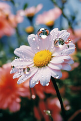 Poster - The ethereal beauty of a water droplet clinging to the edge of a daisy's petal, refracting the surrounding floral landscape in a miniature world.