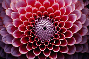 Fototapete - The mesmerizing symmetry of a dahlia captured in macro, highlighting the geometric precision of its petals in a burst of rich, deep colors.