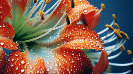 Fototapete - A macro shot revealing the intricate details of a lily's stamen and pistil, with pollen grains delicately clinging to the flower's reproductive organs.
