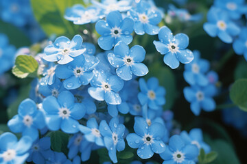 Aufkleber - An intimate exploration of a forget-me-not flower in macro, with its tiny blossoms creating a sea of delicate blue against a green backdrop.