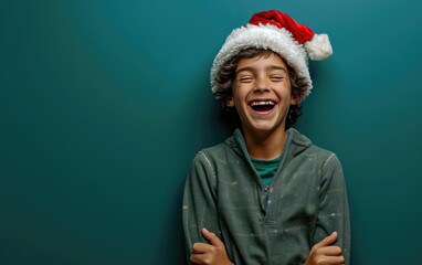 happy smiling boy with Santa hat in Christmas background