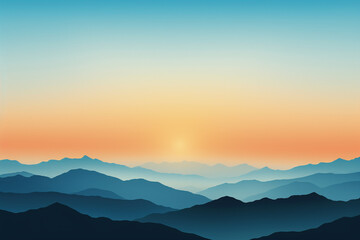 Poster - A stylized graphic depiction of a mountainous horizon at dusk, with silhouetted peaks and a gradient sky transitioning from warm oranges to cool blues.