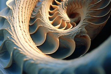 Fototapete - An abstract macro photograph of a seashell, showcasing the intricate spiral patterns, smooth curves, and fine ridges that define its unique texture.