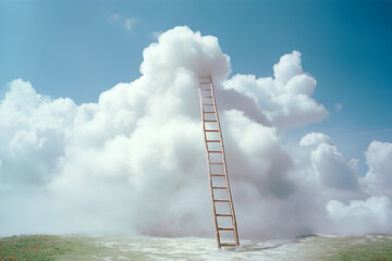 Aufkleber - A dreamy and surreal composition of a ladder extending from the earth to a cloud, inviting viewers to imagine a whimsical journey into the sky.