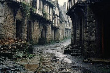 Fototapete - A timeless snapshot of a weathered cobblestone lane, winding through a medieval town, where the facades of historic buildings tell stories of the past.