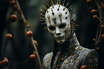 Poster - A surreal and captivating image showcasing a person wearing a mask reminiscent of folklore, merging the real and imaginary to convey a sense of enchantment.