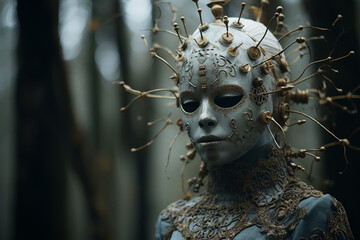 Fototapete - A surreal and captivating image showcasing a person wearing a mask reminiscent of folklore, merging the real and imaginary to convey a sense of enchantment.