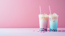 Plastic Clear Glass With Delicious Milk Tea With Tapioca Balls. Milk Bobba Cold Tea, Summer Drink On Flat Pink Background With Copy Space, Banner Template.