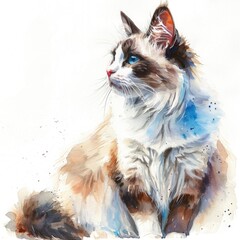 Wall Mural - Watercolor illustration of a Ragdoll cat on a solid white background.