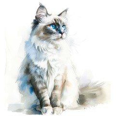 Wall Mural - Watercolor illustration of a Ragdoll cat on a solid white background.
