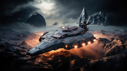 futuristic spacecraft landing on a mountainous alien landscape with distant planets and stars.