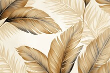 Vintage Tropical Leaves On A Beige Background With A Golden Texture. Luxurious Mural, Premium Wallpaper. Watercolor Design In 3D Painting Illustration. Stylish And Seamless Border For. Generative AI