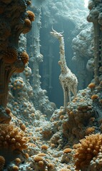 Wall Mural - A giraffe standing in a cave surrounded by coral and rocks, AI