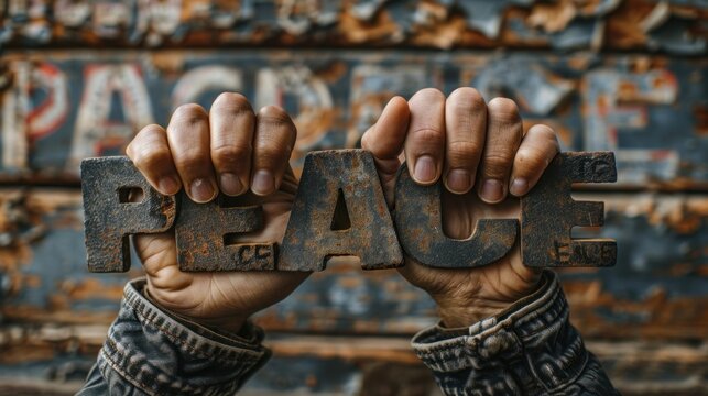 A person holding a wooden sign that says peace, AI