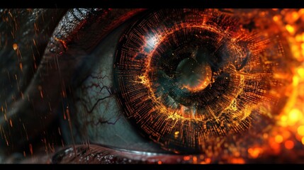 Wall Mural - A close up of a eye with fire around it, AI