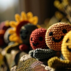 Canvas Print - A row of crocheted stuffed animals are lined up on a table, AI