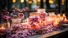 Romantic Table Setting With Lit Candles In Mason Jars And Scattered Pink Flower Petals, Creating An Intimate Evening Ambiance.